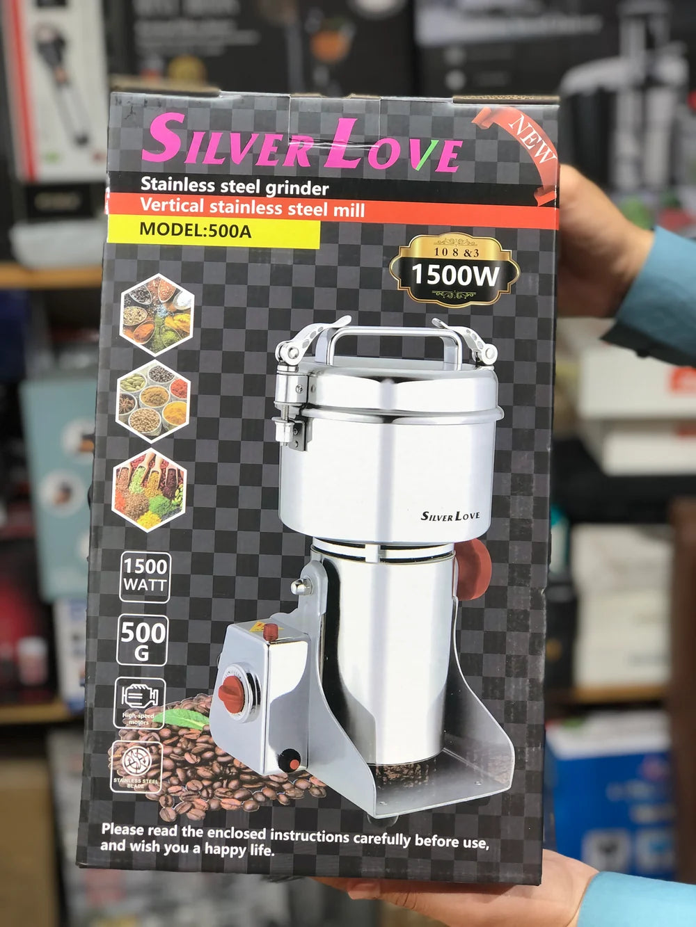 Silver Love 1500W Stainless Steel Electric Spice & Coffee Grinder - 500g Heavy Duty Vertical Mill, Model 500A