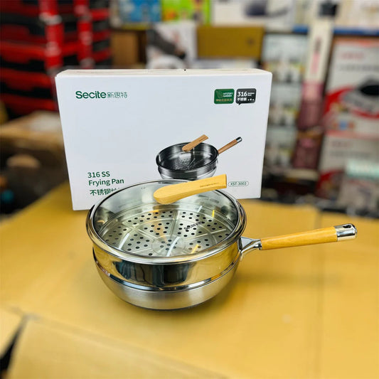 Secite 316 Stainless Steel Frying Pan – 30cm Wok Style with Wooden Handle, Model XST-3003