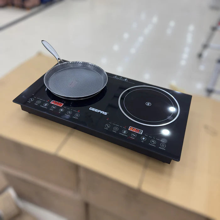 Geepas GIC6130P Dual Digital Infrared and Induction Cooker Portable Electric Cooktop with Dual Heating Zones Touch Control LED Display