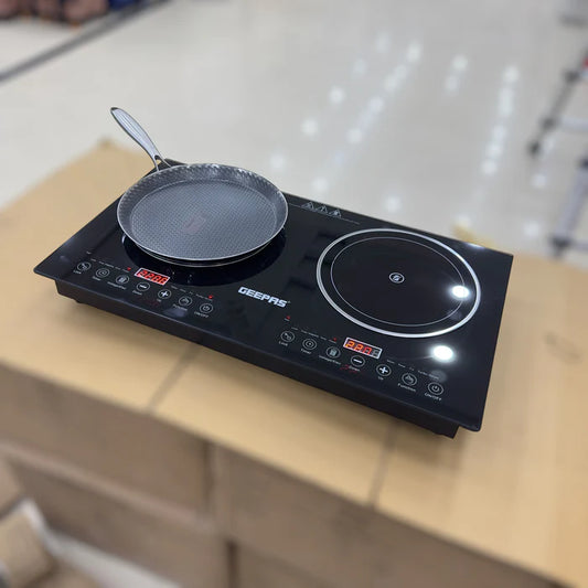Geepas GIC6130P Dual Digital Infrared and Induction Cooker Portable Electric Cooktop with Dual Heating Zones Touch Control LED Display