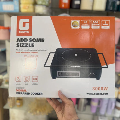 Geepas GIC6925P 3000W Digital Infrared Cooker with Grill Touch Control LED Display Portable Electric Cooktop