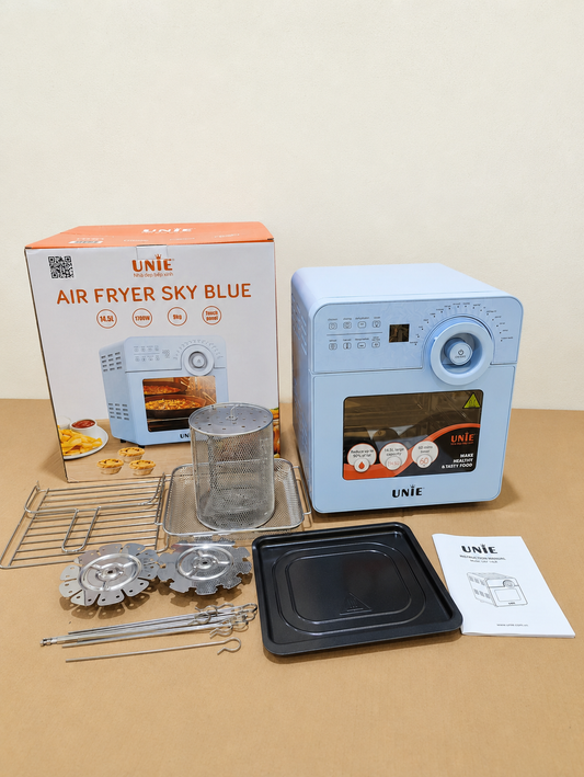 UNIE Air Fryer Oven 14.5L Sky Blue – Digital Rotisserie & Rapid Air Fryer with Rack, Skewers & Basket