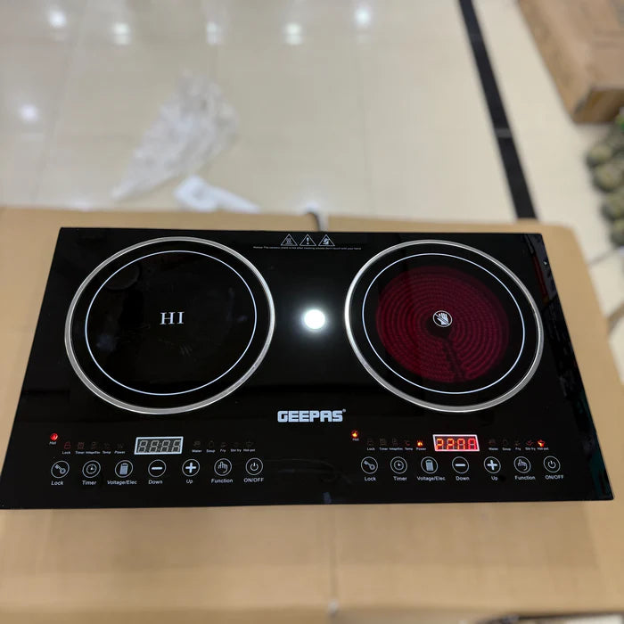 Geepas GIC6130P Dual Digital Infrared and Induction Cooker Portable Electric Cooktop with Dual Heating Zones Touch Control LED Display