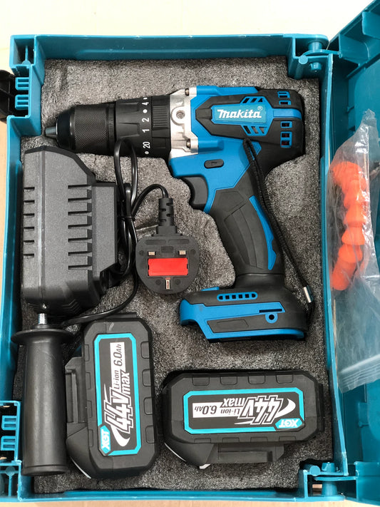 Makita Style HP002G 44V Cordless Impact Hammer Drill Kit (2x XGT 6.0Ah Li-Ion Batteries, Charger, Side Handle & Accessory Set)
