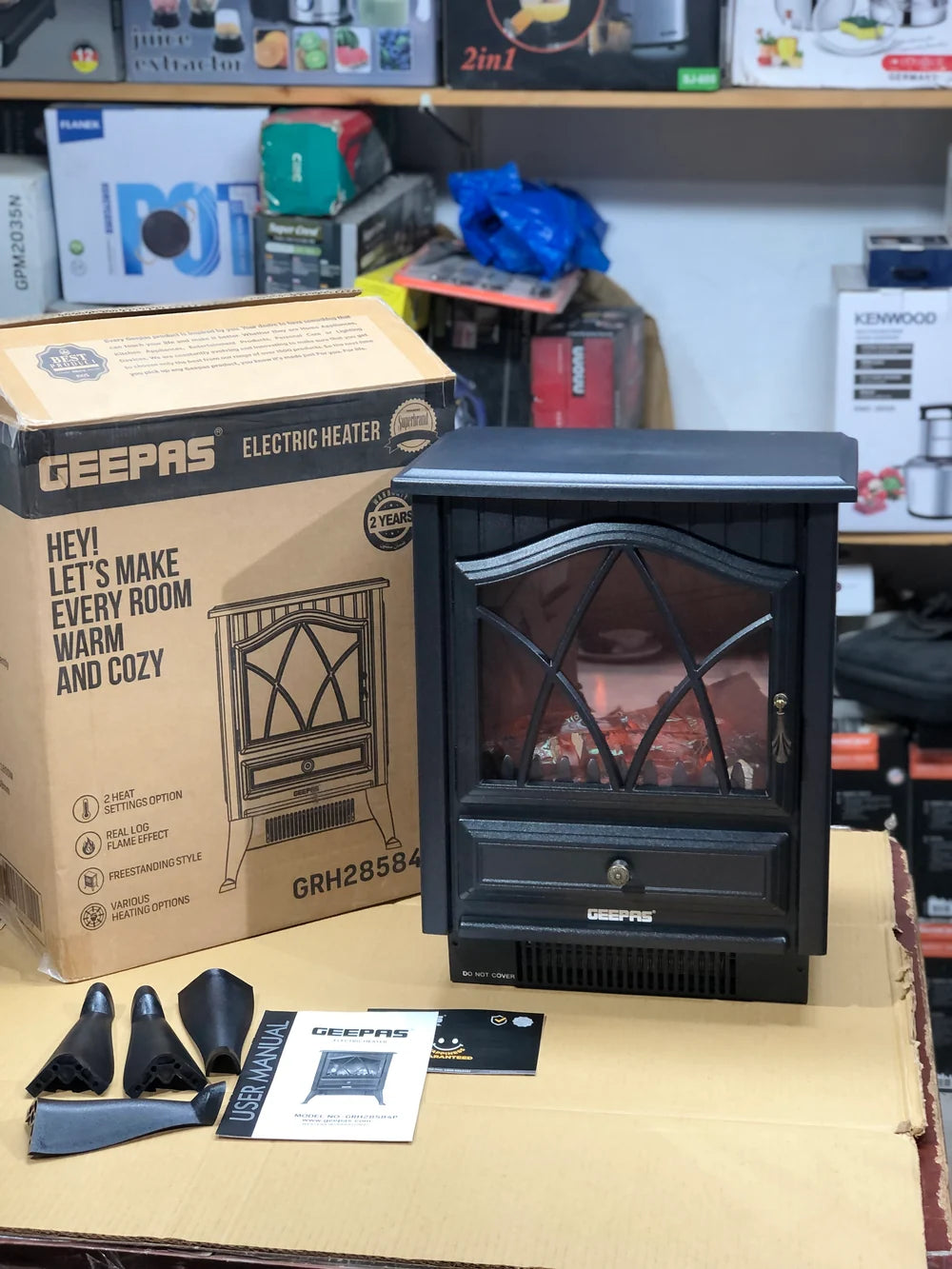 Geepas Electric Heater GRH28584P with Real Log Flame Effect | Freestanding Room Heater