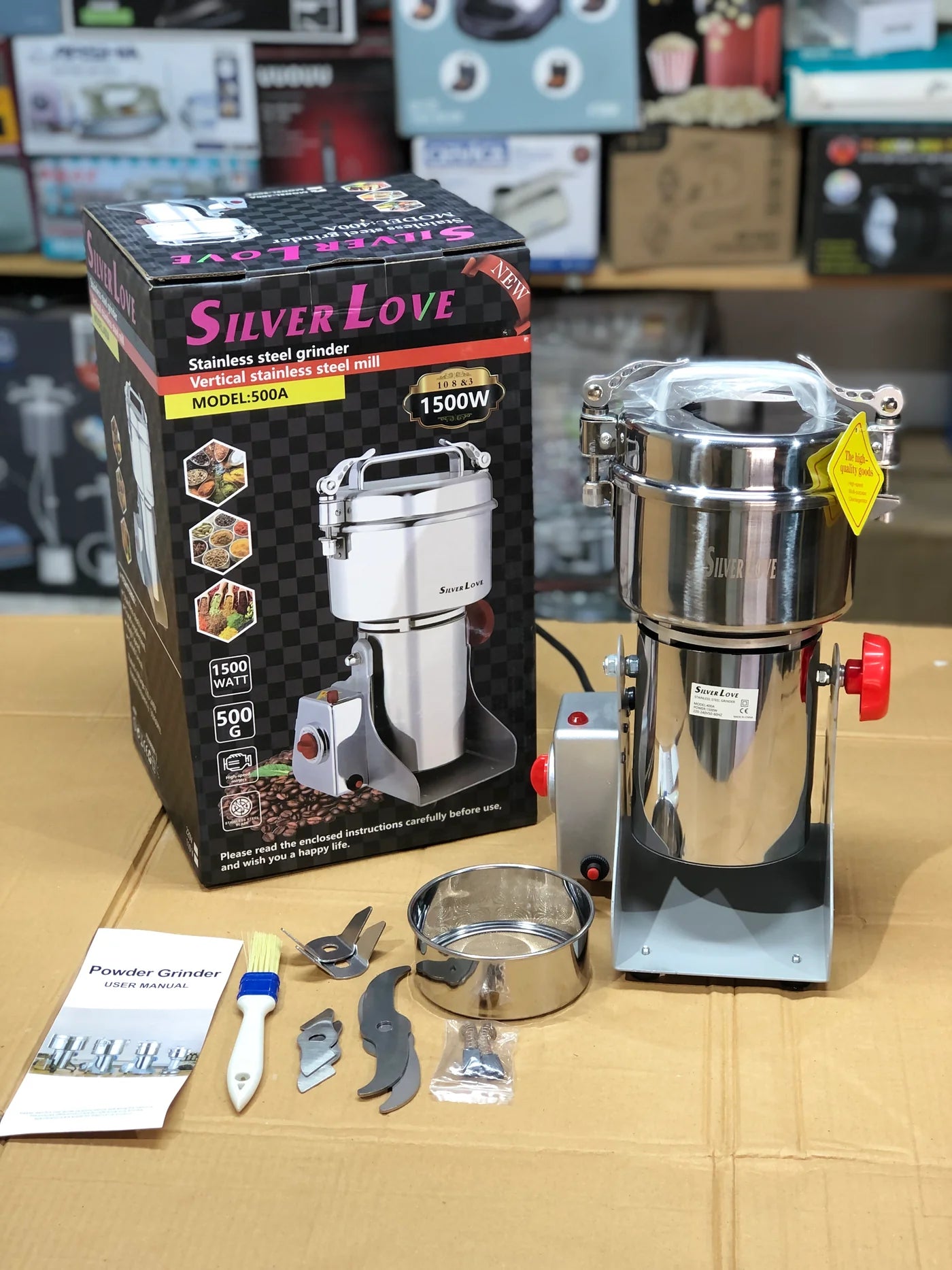 Silver Love 1500W Stainless Steel Electric Spice & Coffee Grinder - 500g Heavy Duty Vertical Mill, Model 500A