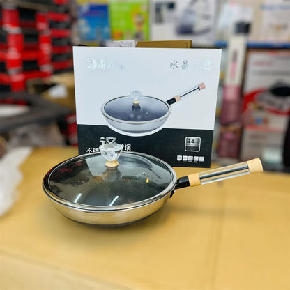 Stainless Steel Non-Stick Frying Pan Wok 34cm with Glass Lid