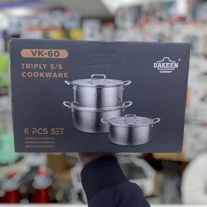 UAKEEN VK-60 Triply Stainless Steel Cookware Set – 6 Pcs (24cm, 26cm, 28cm)