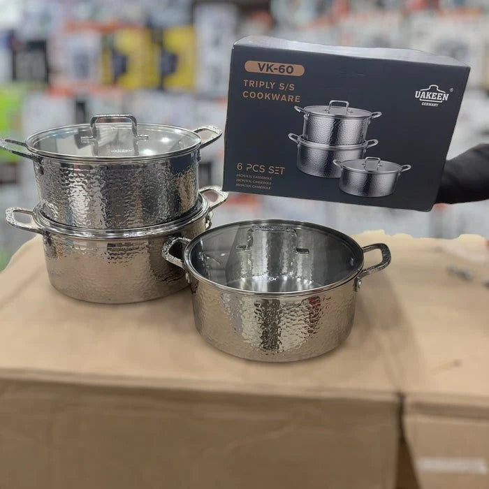 UAKEEN VK-60 Triply Stainless Steel Cookware Set – 6 Pcs (24cm, 26cm, 28cm)