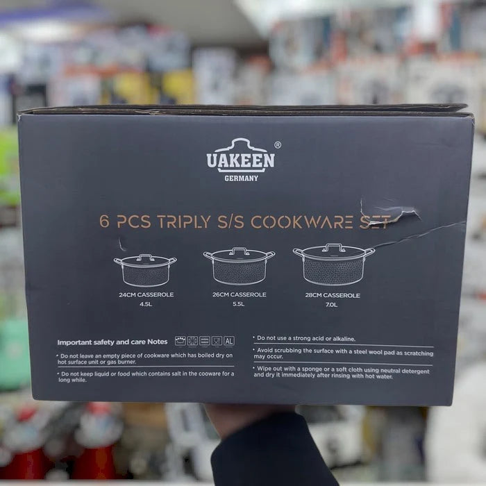 UAKEEN VK-60 Triply Stainless Steel Cookware Set – 6 Pcs (24cm, 26cm, 28cm)