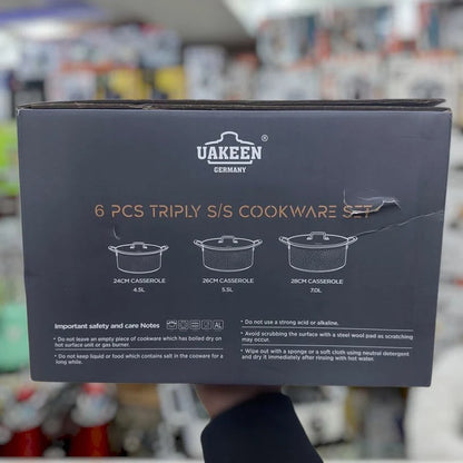 UAKEEN VK-60 Triply Stainless Steel Cookware Set – 6 Pcs (24cm, 26cm, 28cm)