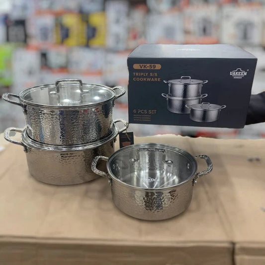 UAKEEN VK-60 Triply Stainless Steel Cookware Set – 6 Pcs (24cm, 26cm, 28cm)
