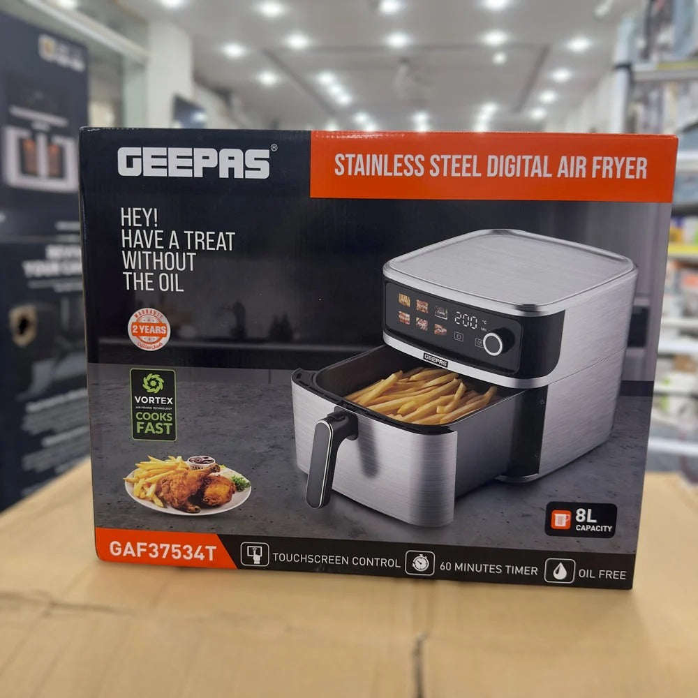 Geepas 8L Digital Air Fryer GAF37534T – Stainless Steel Oil-Free Vortex Cooker with Touchscreen & 60-Min Timer | 2 Year Warranty