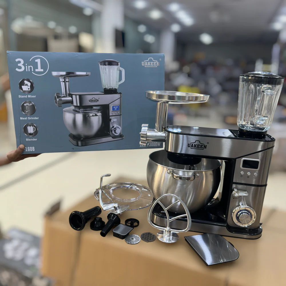 UAKEEN 3-in-1 Electric Stand Mixer, Meat Grinder & Glass Blender – 3000W High Power | 12L Stainless Steel Bowl (Model ZL-1608)