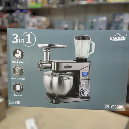 UAKEEN 3-in-1 Electric Stand Mixer, Meat Grinder & Glass Blender – 3000W High Power | 12L Stainless Steel Bowl (Model ZL-1608)