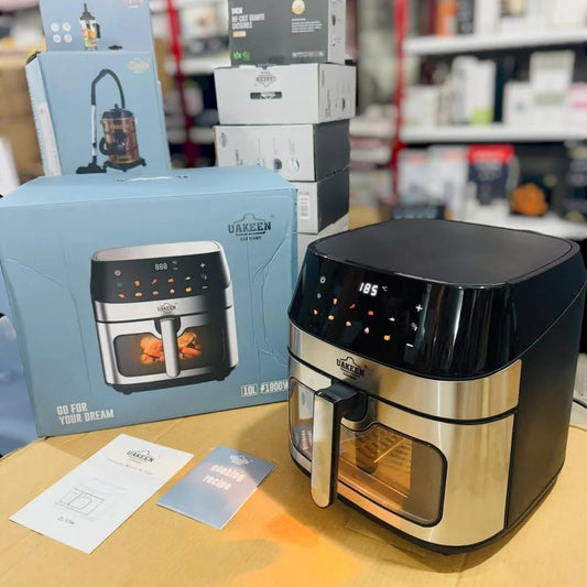 Uuakeen air fryer, uakeen 10l air fryer, 10l digital air fryer, 1800w air fryer, large capacity air fryer pakistan, air fryer with window, oil free air fryer, best air fryer pakistan, family size air fryer