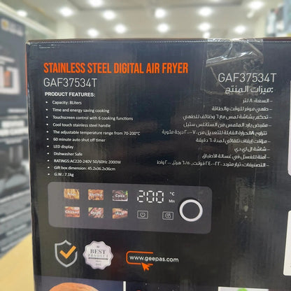 Geepas 8L Digital Air Fryer GAF37534T – Stainless Steel Oil-Free Vortex Cooker with Touchscreen & 60-Min Timer | 2 Year Warranty
