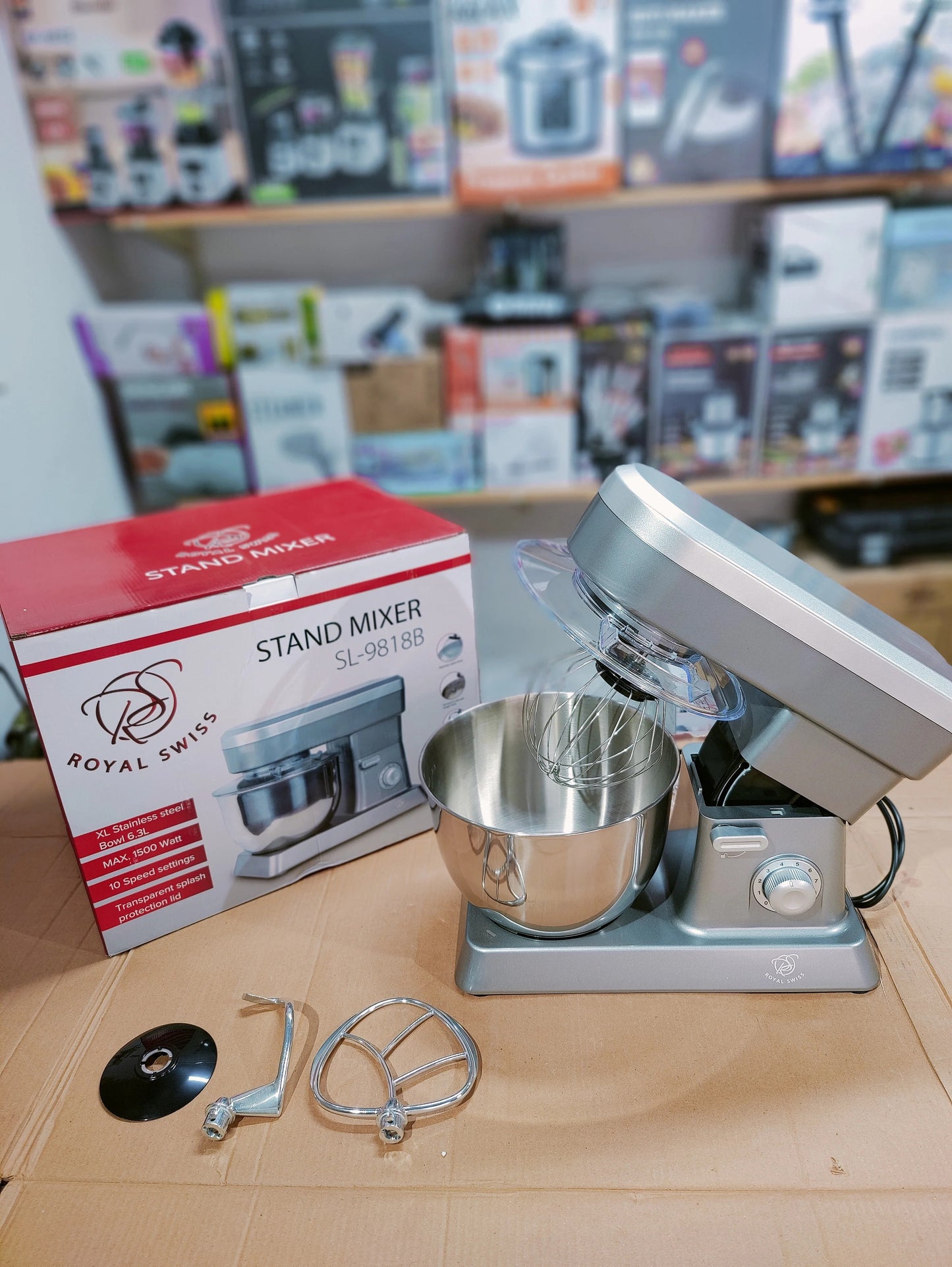 ROYAL SWISS 1500W Electric Stand Mixer with 6.3L XL Stainless Steel Bowl – 10 Speed Food Mixer (Model SL-9818B)