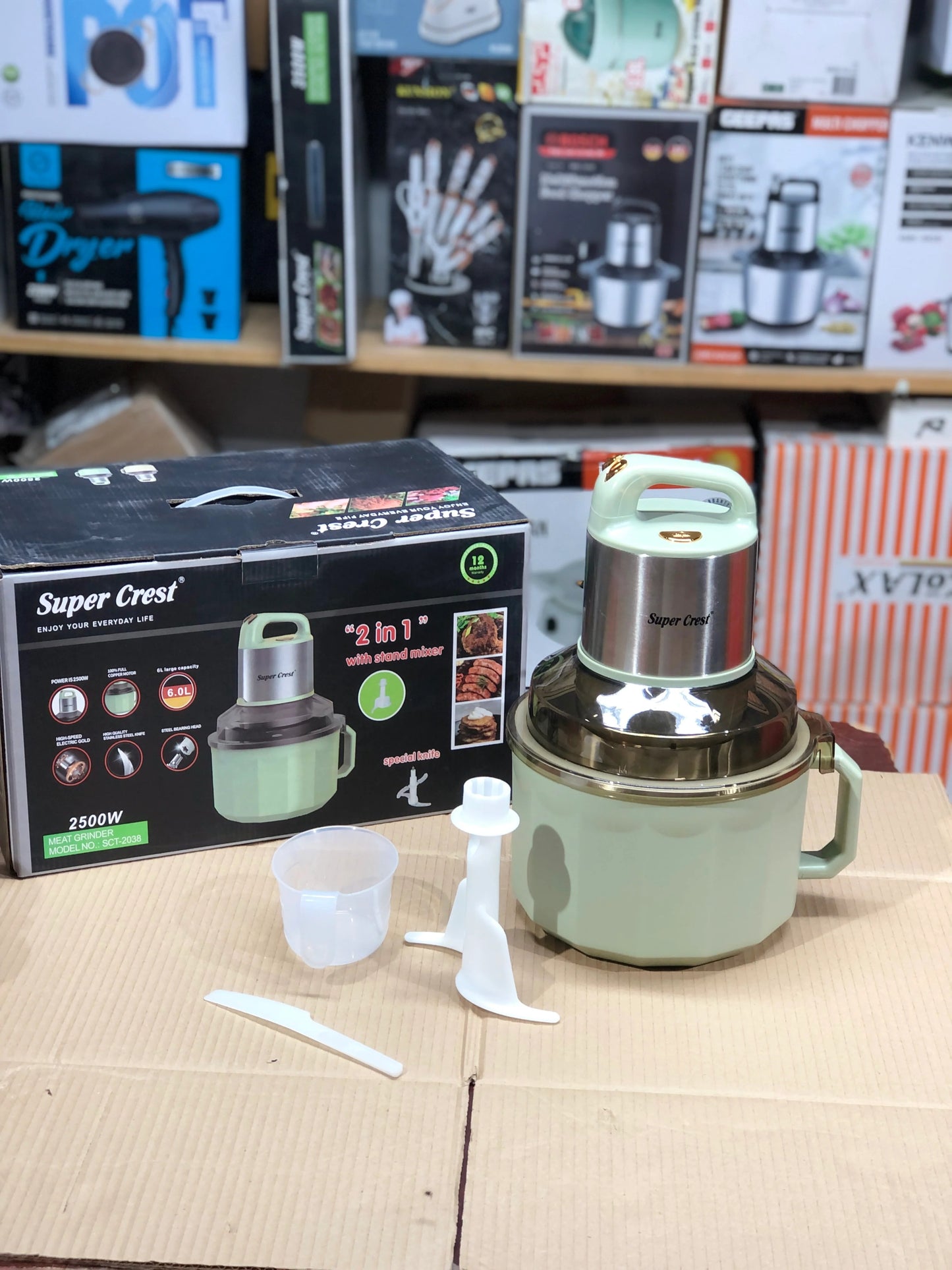 Super Crest 2-in-1 Meat Grinder & Stand Mixer – 6L, 2500W, Model SCT-2038