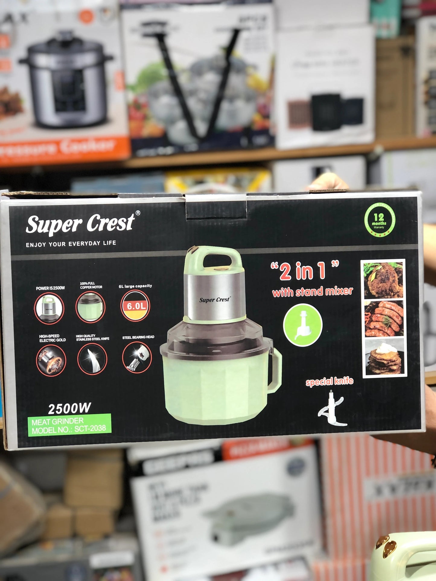 Super Crest 2-in-1 Meat Grinder & Stand Mixer – 6L, 2500W, Model SCT-2038
