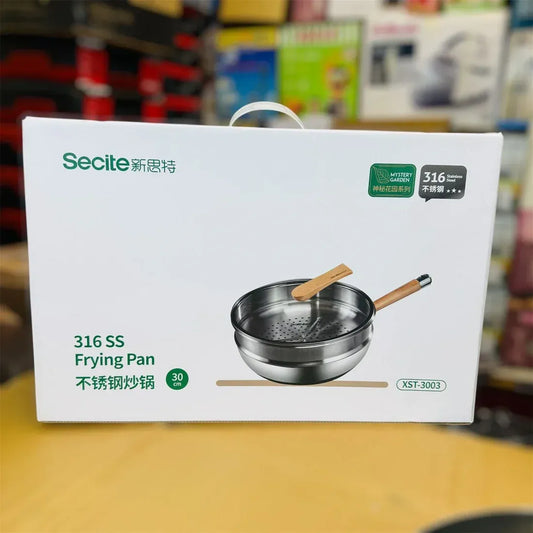 Secite 316 Stainless Steel Frying Pan – 30cm Wok Style with Wooden Handle, Model XST-3003